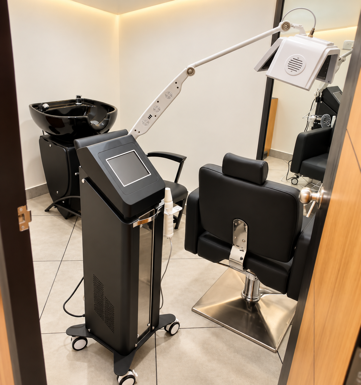 Scalp care room with treatment equipment, chair and wash basin