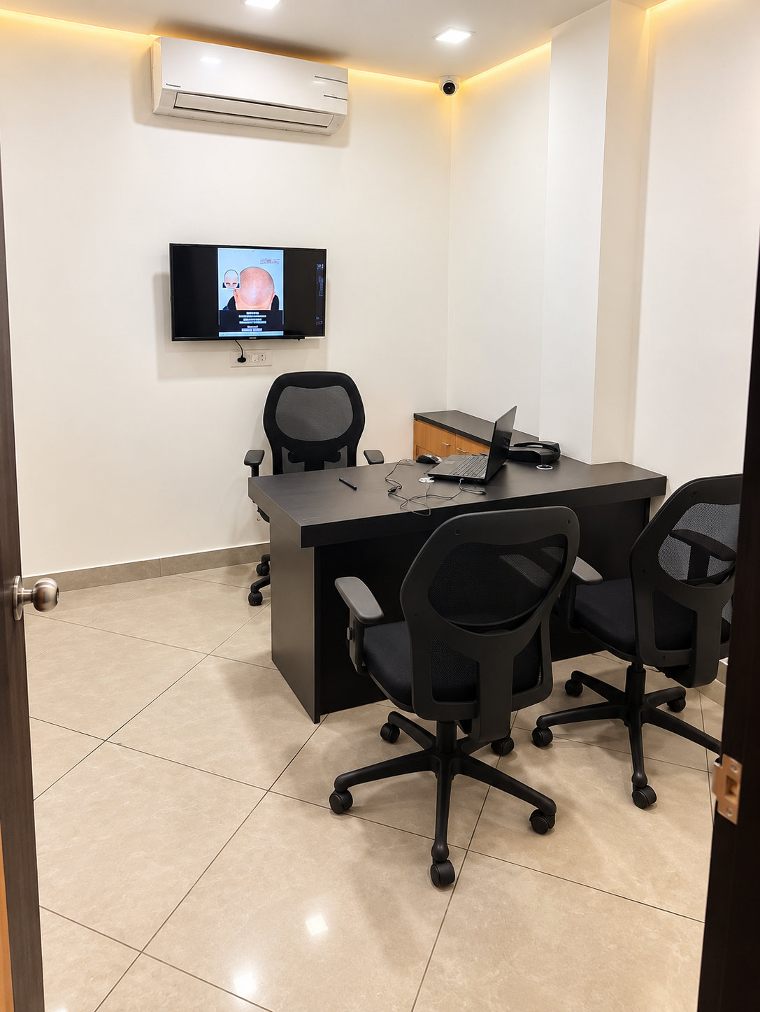 Consultation room with a desk and visitor chairs