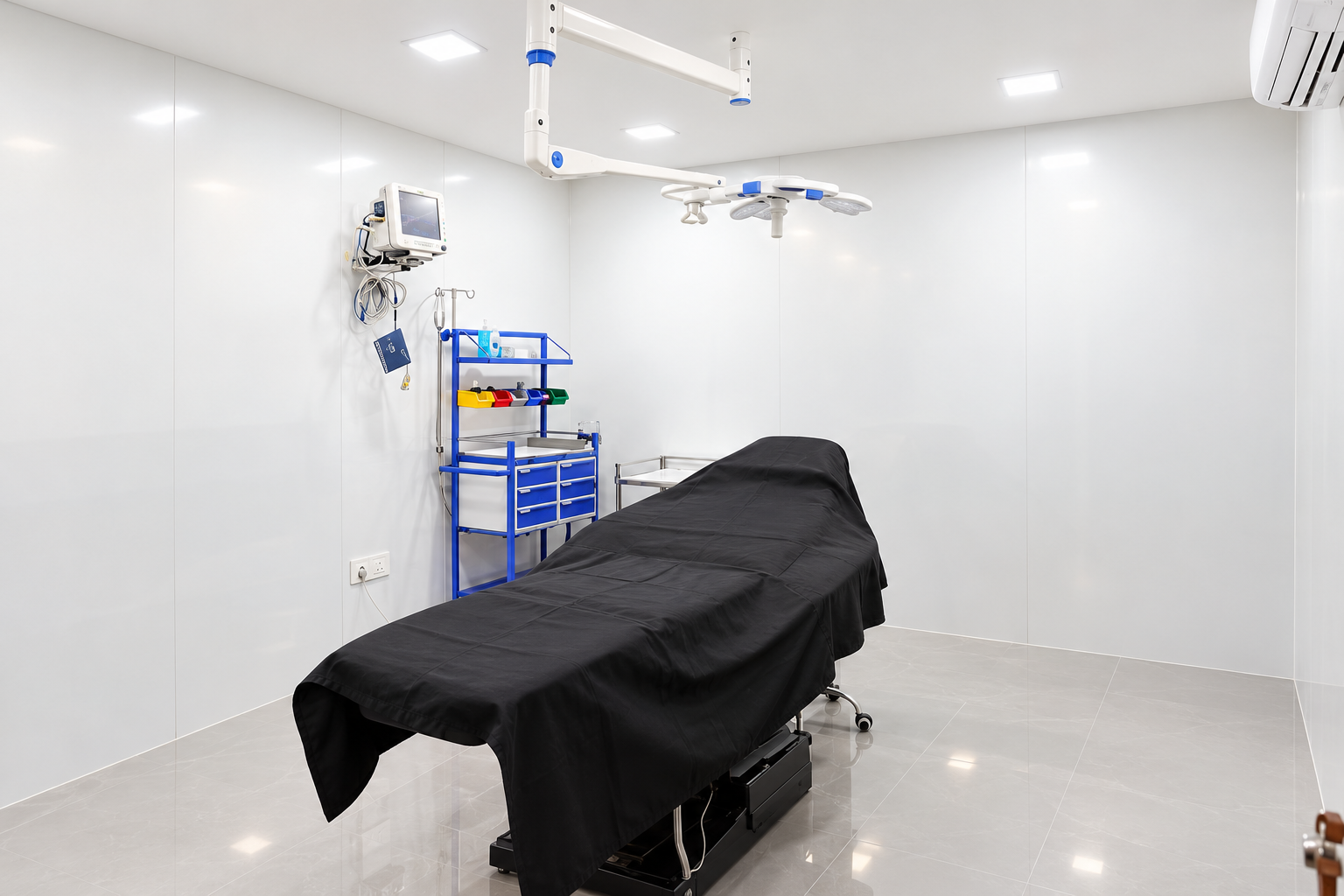 Clinical room with a treatment bed, overhead light and equipment trolley