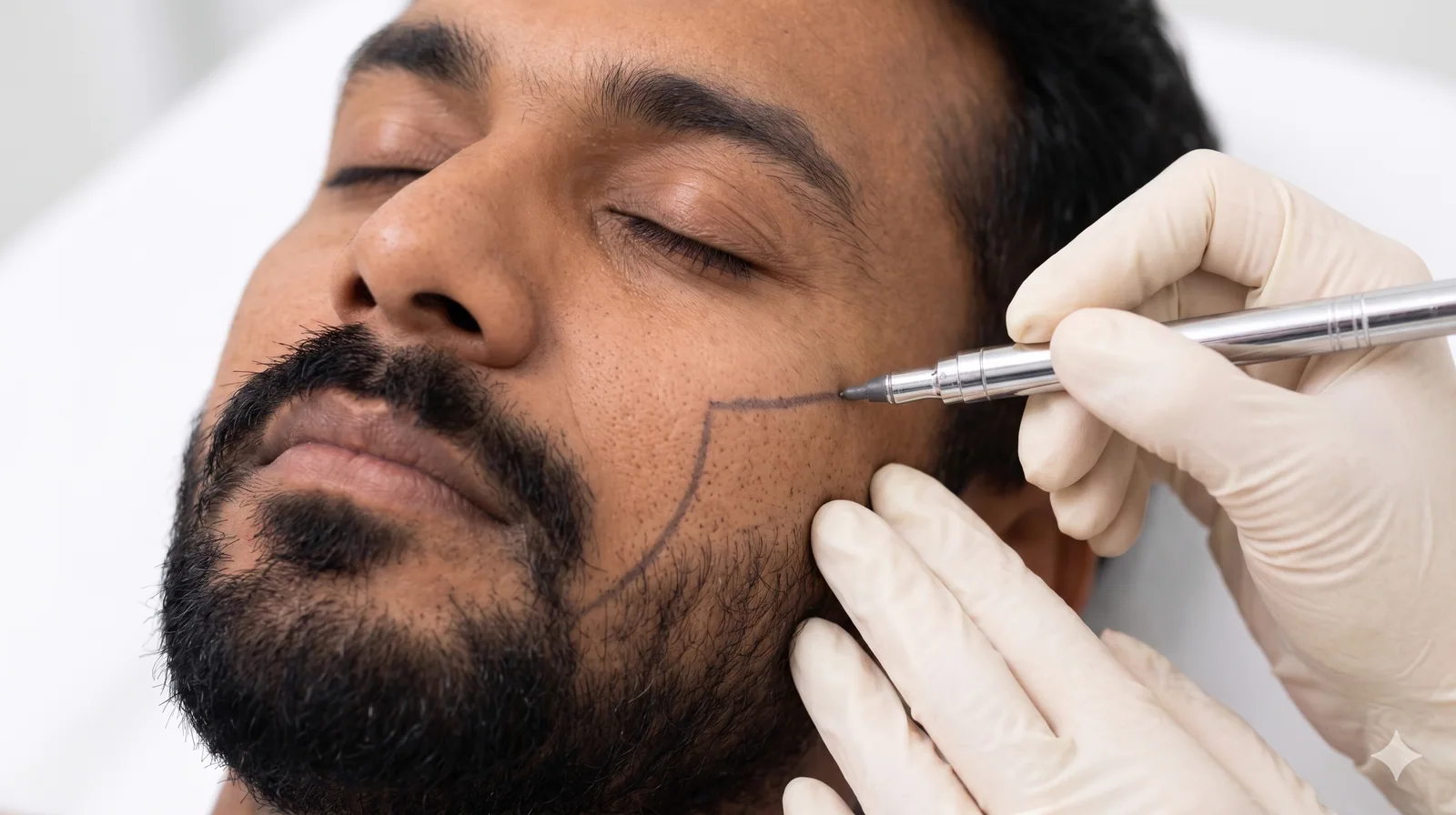 Clinician marking the beard area for treatment planning