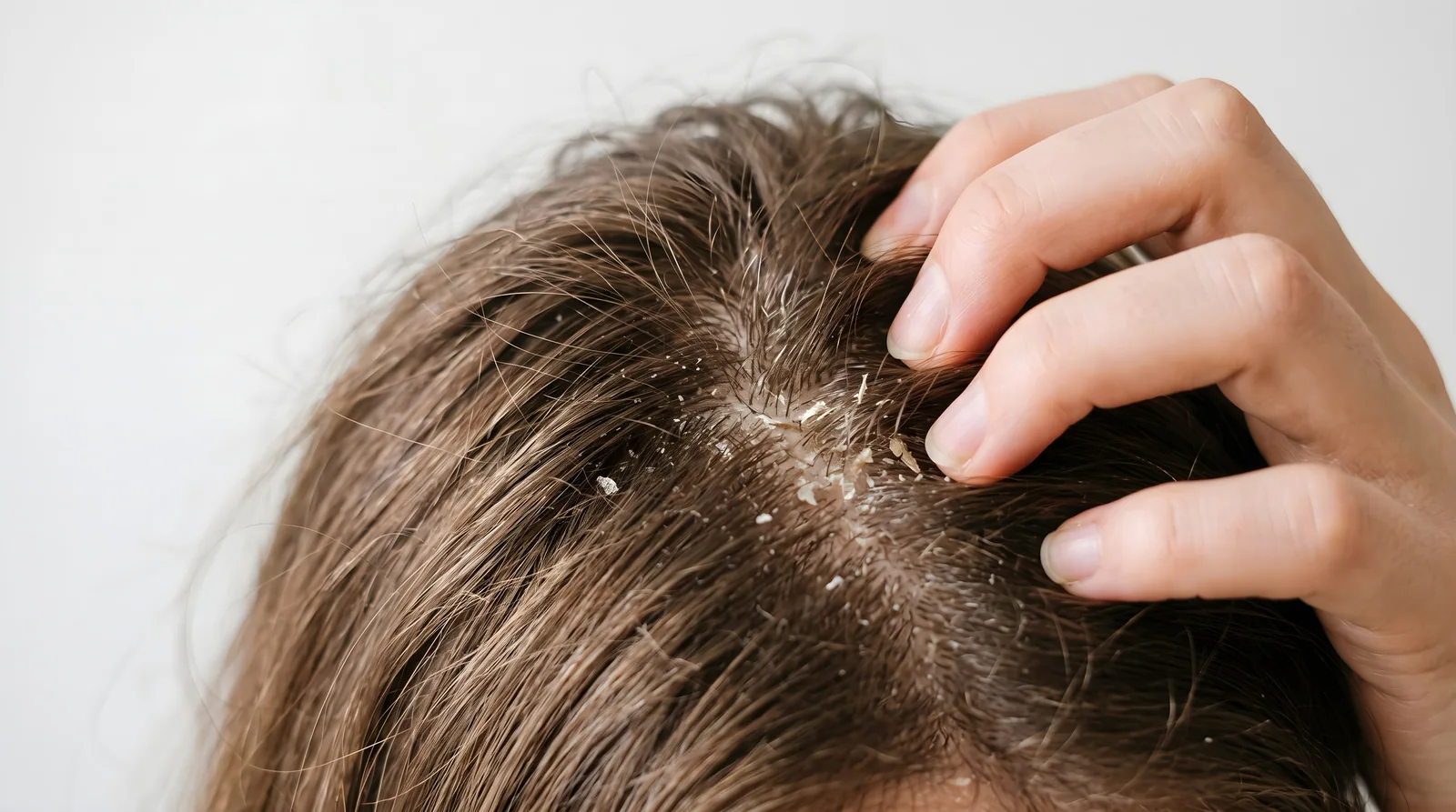 Close-up of dandruff flakes on the scalp