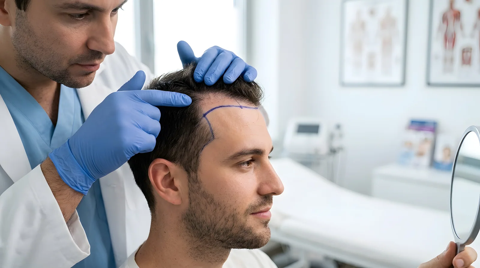 Clinician assessing and marking a hairline for hair transplantation
