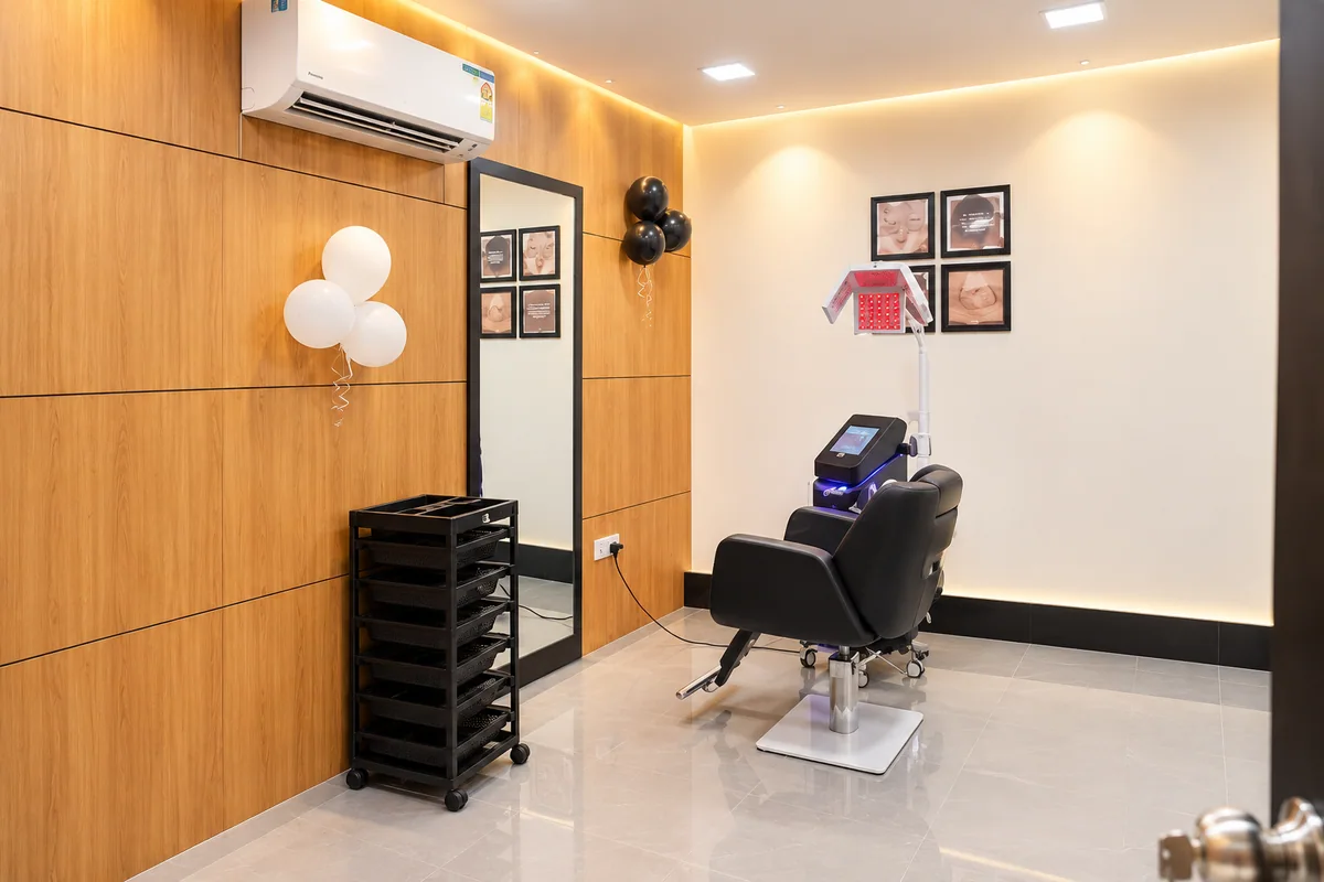 Hair care room with a treatment chair and overhead light