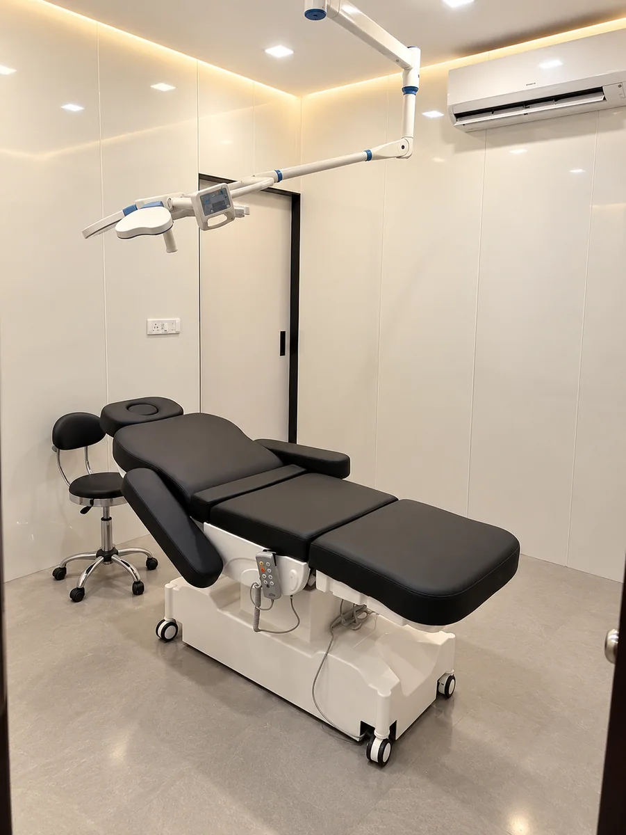 Procedure room with an adjustable treatment bed and overhead light
