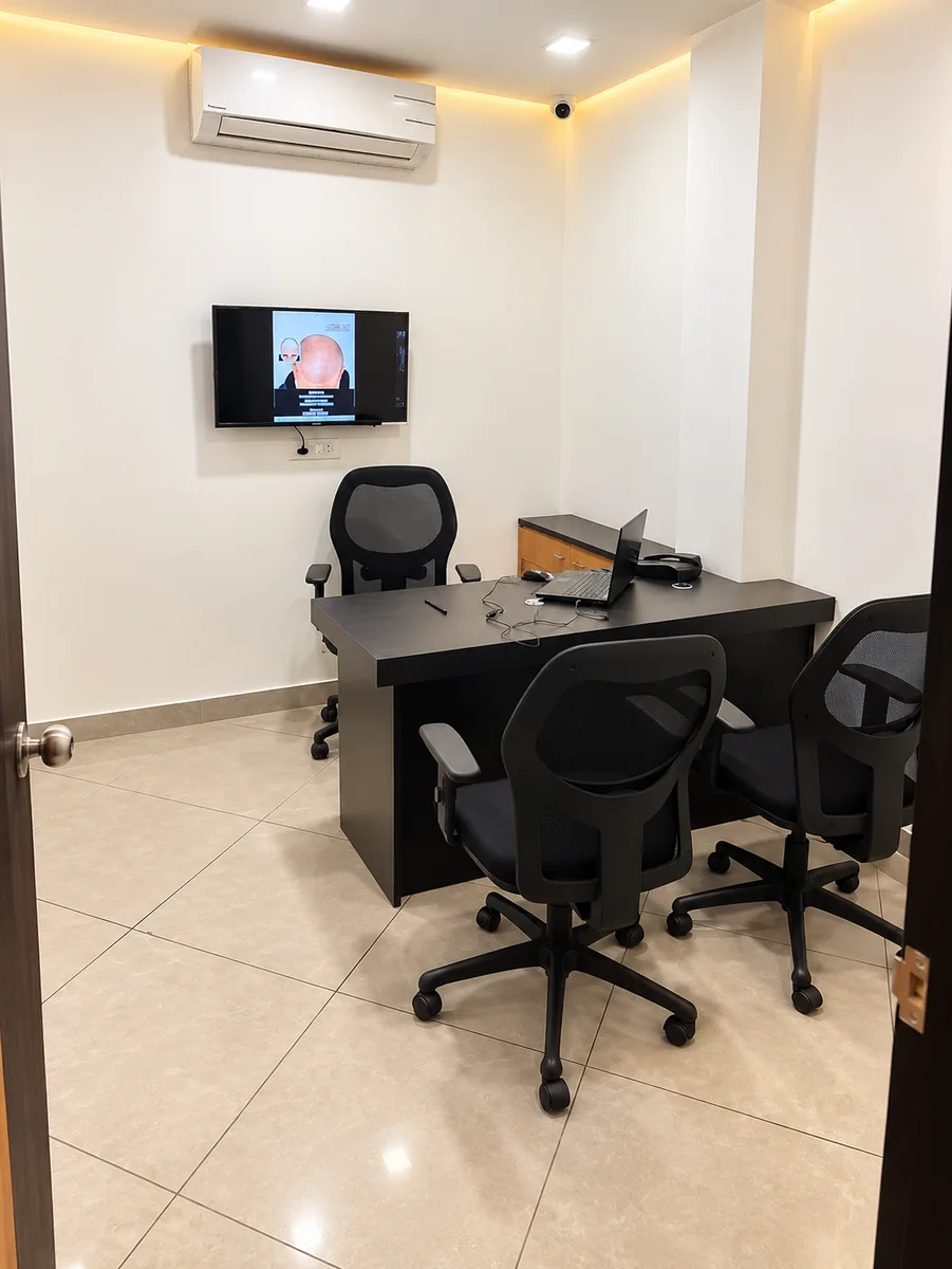 Consultation room with a desk and visitor chairs